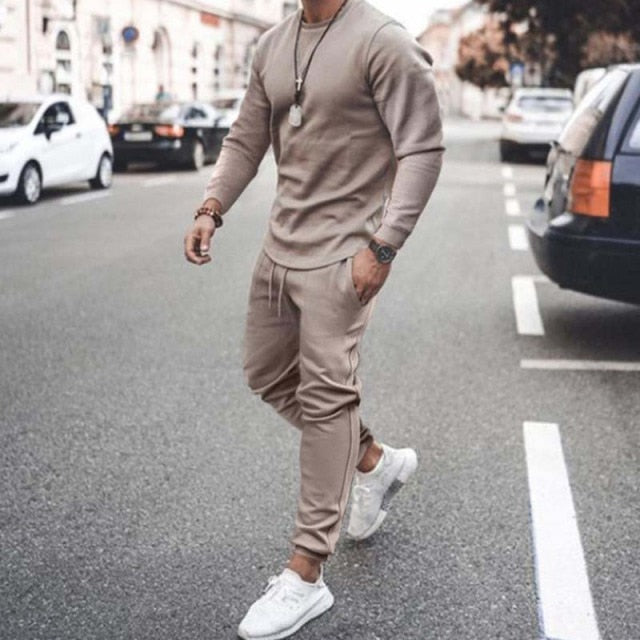 Autumn Sportswear Men's Fashion Solid Color Tracksuit Sports Suits Male 2 piece sets T shirt + pants